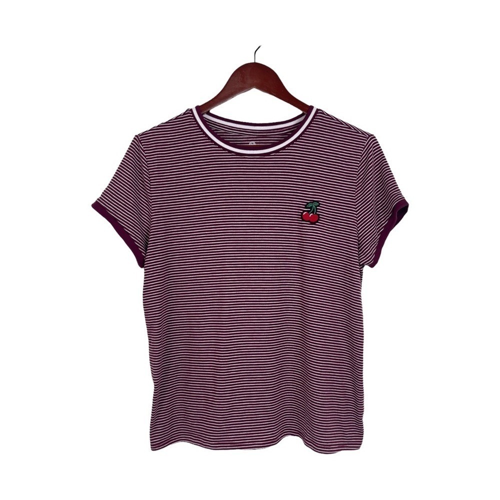 Striped T Shirt‎ Cherry Applique Short Sleeve Casual Top Burgundy White Y2k